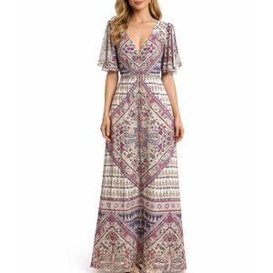 Hale Bob V-Neck Button Down Tassel Tie Slit Hem Bohemian Mandala Maxi Dress M